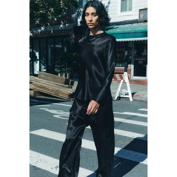 NEW Zara | Asymmetric Satin Trousers In Black - Picture 5 of 14